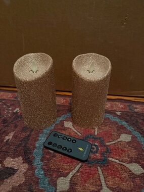 Luminara Gold Glitter Flameless Pillar Candles with Remote - Set of 2